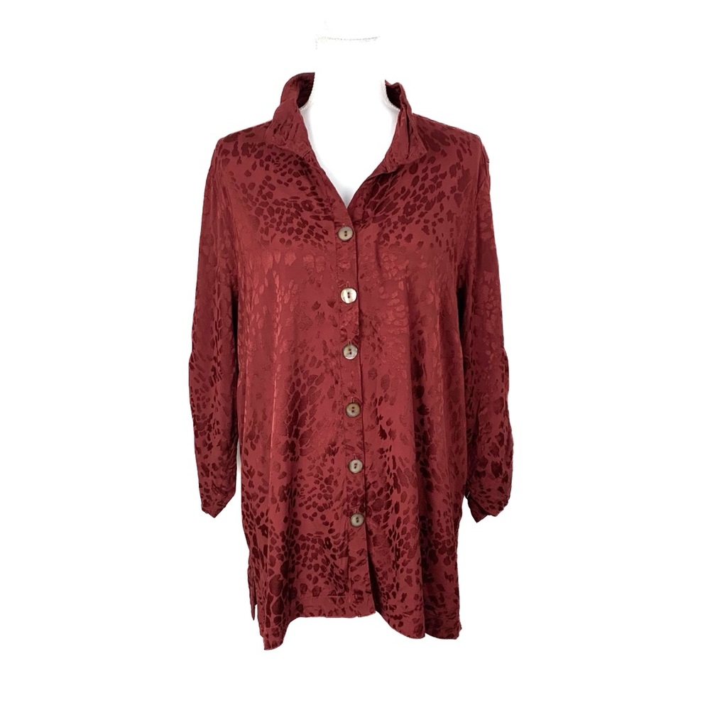 John Mark Women Plus Size 1X Tunic Blouse Cinch Sleeve Wired Collar 2-Tone Satin